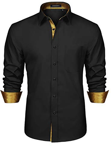 HISDERN Camisa para Hombre Casual Formales Clásico con Botones Camisas de Vestir Cuello de Manga Larga Ajuste Oro Negro