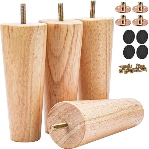Btowin 5 inch Solid Wood Furniture Legs, 4Pcs Mid-Century Modern Wooden Replacement Feet with Threaded M8 Hanger Bolts & Mounting Plate & Screws for Sofa Couch Armchair Cabinet TV Stand