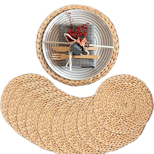Boho Placemats for Dining Table Set of 10, Water Hyacinth Placemats for Round Table, Round Placemats for Round Tables, Woven Placemats Set of 10, Farmhouse Placemats 11.8