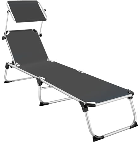 tectake® Sdraio da Spiaggia, Schienale Regolabile in 6 Posizioni, Parasole, Lettino Pieghevole e Trasportabile, Sdraio da giardino, Lettino Prendisole, Pratiche Maniglie (Grigio)