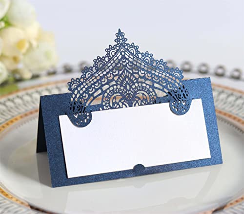 TROYSINC 100 Stück Hohle Tischkarten,Spitze Blumenmuster,Dreidimensional Namenskarten,Laser Schnitt Namenskärtchen,Tischdeko für Hochzeit Party Feste Geburtstag (Navy blau)