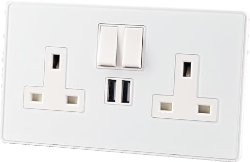 WK Electrical - Screwless Double Switched Socket with USB – BS1363 Certified, Piano Glass Front, 13A Twin UK Outlet with 2 x USB Ports (2400mA), Antimicrobial Switch, White – Fits 25mm Back Box