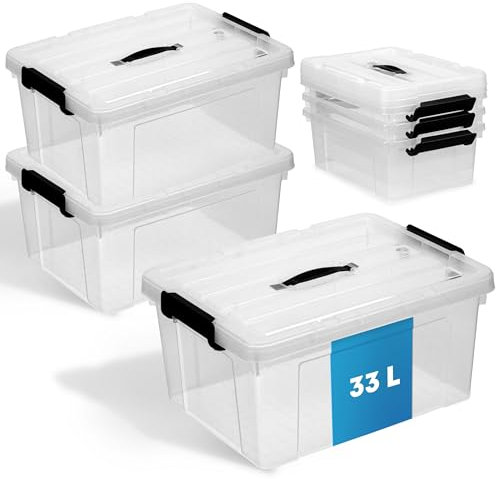 Schmacht® 3-er Set Aufbewahrungsboxen mit Deckel I BPA Frei I Mit oder Ohne Tragegriff | Aufbewahrungsbehälter mit verstärkter Bodenstruktur (Mit Tragegriff - Transparent, 33l)