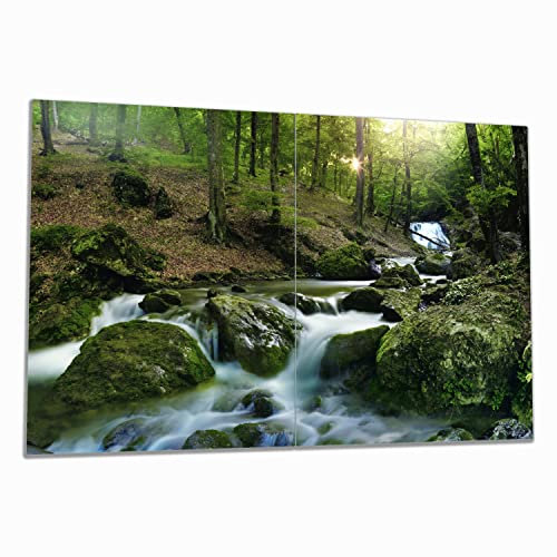 Wallario Herdabdeckplatte/Spritzschutz aus Glas, 2-teilig, 80x52cm mit 8 mm hohen Füßen, für Ceran- und Induktionsherde, Fließender Bach im Wald bei Sonnenuntergang