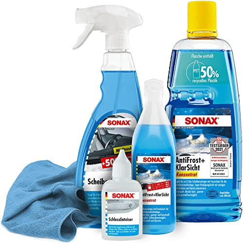 detailzone Auto Winterset 5-teilig SONAX Scheibenenteiser, Schlossenteiser, 2X Antifrost Konzentrat Mikrofasertuch - hochwertige Autopflege für die kalte Jahreszeit