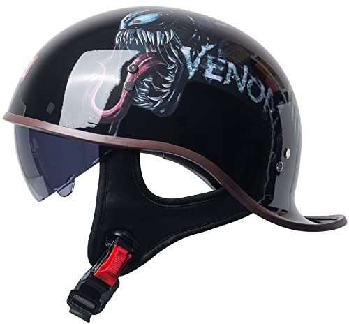 DXDRT Motorrad Retro Halbgesicht Helm Erwachsene Männer Frauen Vintage Deutsche Stil Offenes Gesicht Totenkopf Kappe Helme Für Roller Moped ATV Motorrad Baseballkappe Mit Visierbrille,Venom,XL