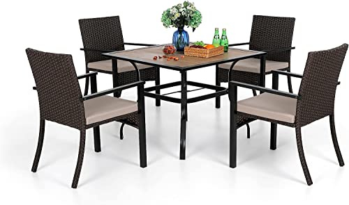 PHI VILLA 5-teiliges Gartentisch und Rattan Stühle Gartenmöbel Set Terrassenmöbel für 4 Personen Balkonmöbel Wetterfest, 94cm Quadratischer Gartentisch mit 4 Gartenstühle für Balkon,Deck,Hof