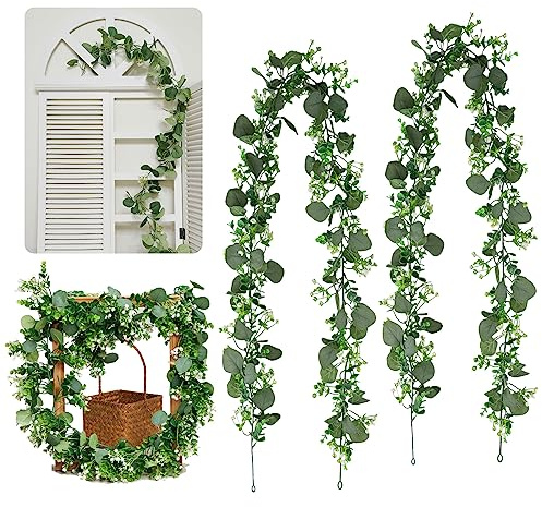 2 Stück Künstliche Girlande Eukalyptus Girlande Eukalyptus Pflanze mit Weiß Blumen Eukalyptusblätter, 1,8m Künstlich Pflanze Blume Girlande Hängende Pflanzen Blumenrebe für Hochzeit Bogen Dekoration
