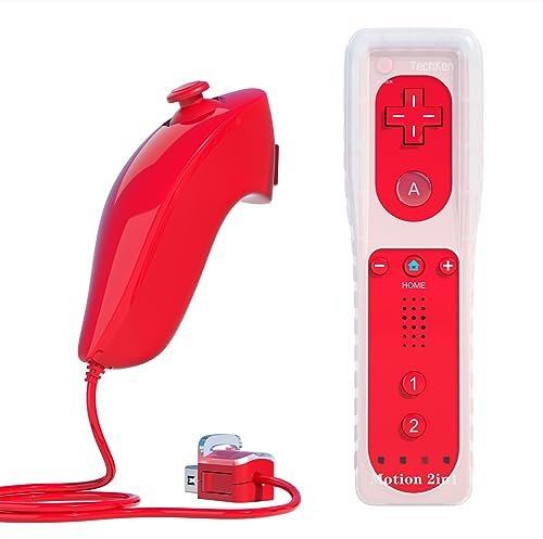 TechKen Remote Controller for Wii, Built-in 2 in 1 Motion Plus with Silicon Case and Nunchuck (Red)