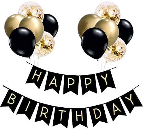 Amazon Birthday Banner, Black & Gold Birthday Decor - 12 inch Balloons, Ribbons and Banners with Birthdays sign
