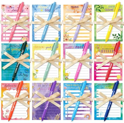 Yeaqee 12 Set Employee Appreciation Gifts 12 Empowering Sticky Notepads 12 Pens 12 Ribbons Motivational Sticky Notes Inspirational Pens for Office Supplies(Watercolor)