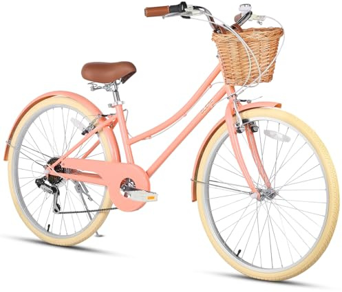 Glerc Missy 24 Tums Flickcruiser 6-Växlad Cruiser Dam Hybridcykel för 8 9 10 11 12 13 14 15 Åringar med Prickorg. Lättviktig ram och framgaffel, Persika