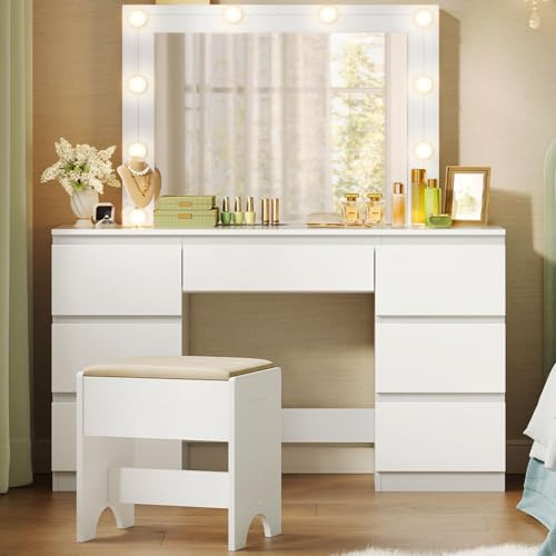 WOLTU Sminkbord med LED-belysning, justerbar ljusstyrka, sminkbord med stor spegel och pall, toalettbord med 7 lådor, byrå, sovrum, 107 x 140,5 x 39,5 cm, vitt