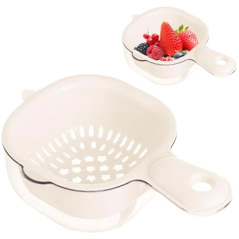 Mini Colander Double-Layer Small Colander Vegetable Washing Basket with Handle, Strainer Detachable Plastic Hanging Strainer for Pasta Salad Fruit Cleaning, Beige