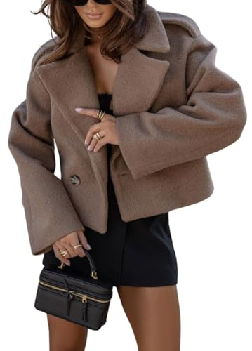CHARTOU Women Crop Pea Coat Wool Blend Office Work Lapel Collar Short Winter Jacket Trench Coat, Coffee, XL