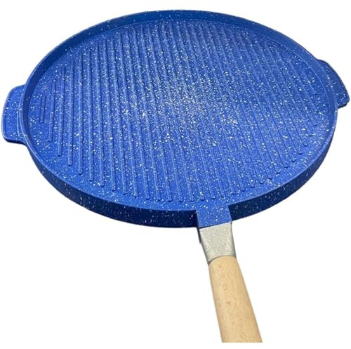 Generico Linea Blue Flower - Piastra Tonda Double Face Liscia/Grigliata 36cm con Manico Estraibile Made in Italy artigianale