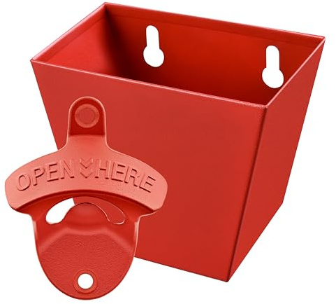 HAIICEN Red Bottle Opener and Cap Catcher Wall Mount, Stainless Cooler Mount Beer Cap Opener and Top Holder for Party BBQ