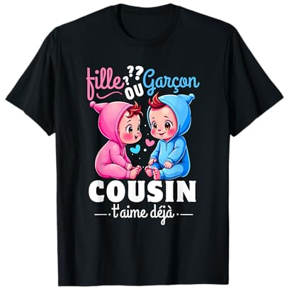 Fille ou Garçon Fille Baby shower cadeau cousin T-Shirt Gender Reveal Rose Bleu, Manche courte, Classic Fit, Noir, S, Unisex, EU S, Col Rond, Petit, Regular, Printemps, Été