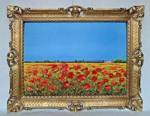 Blumenbild Gemälde Blumen Mohnblume Rot Blumen Bild mit Barock Rahmen Gold 90x70 Blumen in Vase Bild mit Rahmen Retro Repro Wohnzimmerbild Gerahmte Gemälde Blumen Bunte Rosen Antik Wandbild