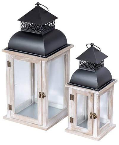 2er Set Laterne Weiß Holz Metall Kerzenhalter Windlicht Gartendeko Weiß gewischt Holzlaterne Gartenlaterne Gartenbeleuchtung Dekoration Vintage Shabby Antik