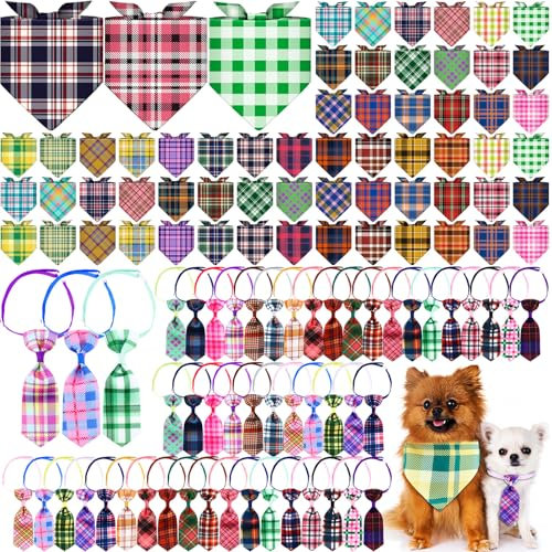Reginary Hundehalstücher mit Fliege, Dreieckstuch mit Karomuster, verstellbar, waschbar, Lätzchen, Halsband für mittelgroße und kleine Welpen, wendbar, 108-teilig
