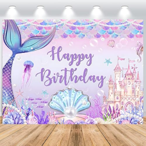 ASDCXZ Sfondo di Compleanno Sirena 2.2x1.5m, Sognante Sotto il Mare Castello Viola Coda di Sirena Conchiglia Fotografia Sfondo Principessa Bambina 1° Compleanno Festa Decorazione Banner Studio Props