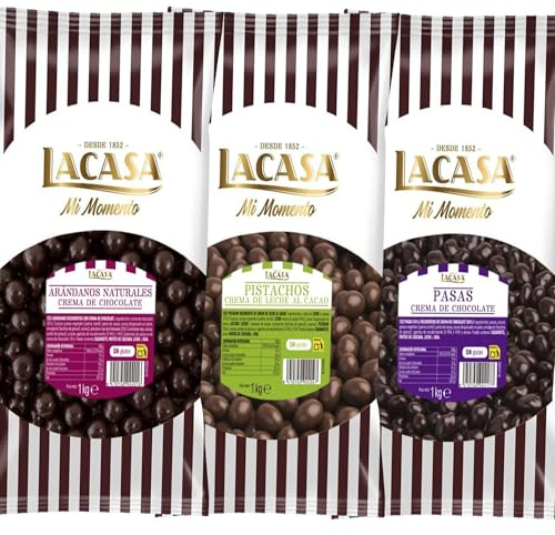 Lacasa Pack 3kg de bolas: Pasas de Corinto con chocolate Negro,Arándanos con chocolate Negro,Pistachos con chocolate Leche