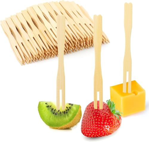 Lagnlnaoy 100pcs Bamboo Appetizer Forks,Mini Bamboo Forks for Charcuterie Boards Accessories, Fancy Toothpicks for Appetizers, Disposable Wooden Cocktail Fork, Fruit Food Picks for Party Supplies