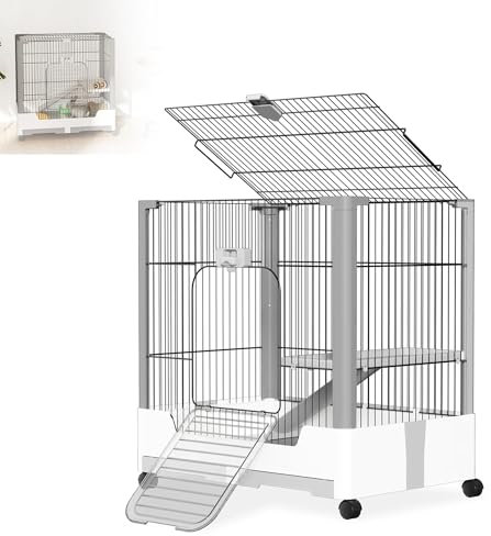 XMTECH Kleintierkäfig mit 2 Ebenen auf Rollen – Metall Kaninchenstall mit Plattform, Leiter, Kotwanne & Schloss – für Kaninchen, Meerschweinchen, Frettchen – Weiß & Grau