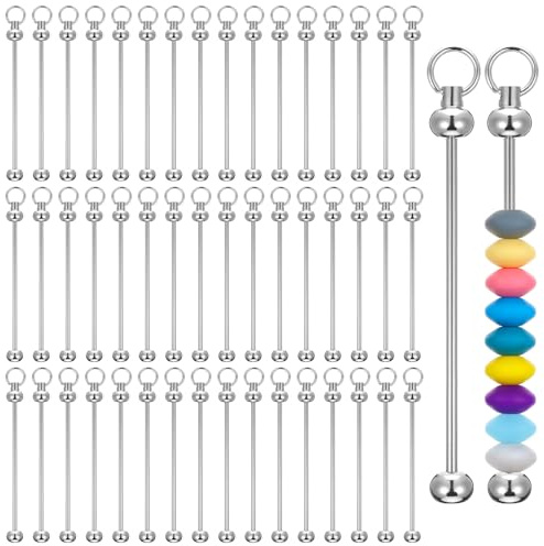 50 Pcs Beadable Keychains Set, Blank Beaded Keychain for DIY Making Accessories, Silver Metal Keychain Blanks, Bulk Beadable Keychains Bar Craft Supplies
