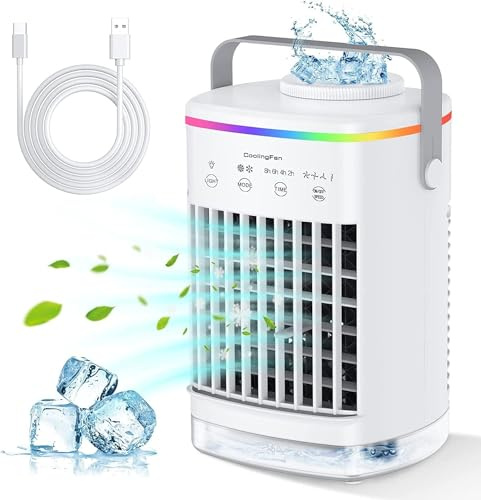 Mobile Klimaanlage, 3-in-1 Tragbare Klimaanlage, 700ml Mini Klimaanlage mit | 4 Geschwindigkeiten & 3 Nebelmodi, 2/4/6/8 H Timer Klimagerät, 7 Farben Nacht-LED Mini Luftkühler für Hause, Büro, Zimmer