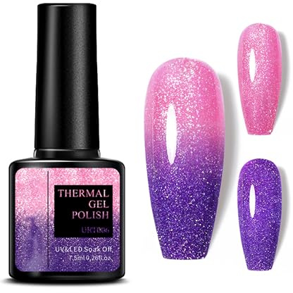 Farbwechsel UV Gel Nagellack - 7.5ml Temperaturänderung mit Glitzer Effekt, Rosa lila shiny Temperatur Farbwechsel Nagellack Soak Off UV LED Nail Art Gel Lack für DIY Nail Art Maniküre zu Hause (Pink)