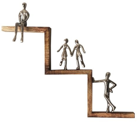 Adorno Pared Decorativo de Madera de Mango y Metal Plata Figuras Humanas - Escalera. Esculturas. Decoración Hogar. Regalos Originales. 48,50 x 7,50 x 41,50 cm.
