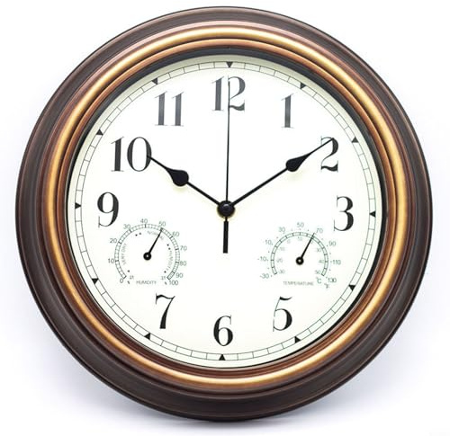CashMuch Outdoor-Uhr, wetterfest, integriertes Thermometer und Hygrometer, geräuschlos, Metall-Wanduhr für Garten, Terrasse, Pool, Badezimmer, Zuhause (rotes Kupfer)