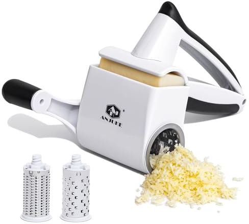 ANJUKE Râpe à parmesan, râpe à fromage rotative 2 en 1 avec 2 tambours en acier inoxydable pour râper sans effort le fromage dur, le chocolat, les noix et bien plus encore. Passe au lave-vaisselle