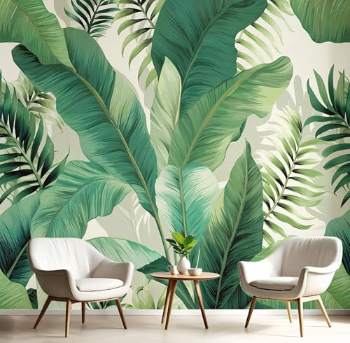 JEDTAKCT Papier Peint Panoramique Bananier Feuilles Palmier, Papier Peint Mural Photo Motif Plantes Tropicales Vert Émeraude, Tapisserie Panoramique Salon, Décoration Murale Chambre, 250X175Cm