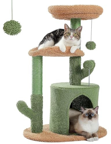 Cat Tree 32.9 Inches Cactus Cat Tower with Sisal Covered Scratching Post, Cozy Condo, Plush Perches and Fluffy Balls for Indoor Cats