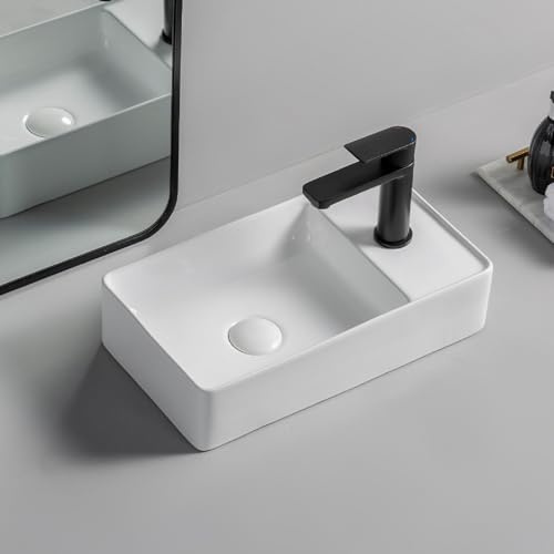 Wall Mount Small Bathroom Sink, Ceramic Rectangle Corner Mini Washbasin for Balcony, Cloakroom, Lavatory, Garage - Right Hand Design