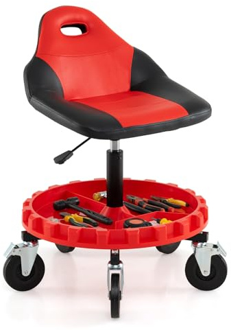 COSTWAY Werkstatthocker mit Rollen, Werkstatthocker 71-83 cm höhenverstellbar mit Rückenlehne & Werkzeugablage, Werkstatt Rollsitz, Arbietshocker Montagehocker für Garage, 150 kg Belastbar