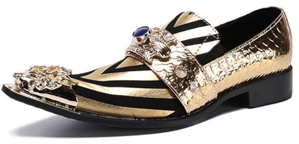 Herrklänning i äkta läder med slip-on-skor med spetsig tå – svart guld mönster formella skor för bal scen bröllop lyxfest, Guld, 43.5 EU