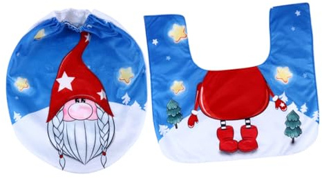 KOMBIUDA Weihnachtlicher Toilettensitzbezug und Wc Vorleger Satz Vliesstoff Blau Waschbar Dekoratives Weihnachts Toilettenzubehör für Bad und Geschenk