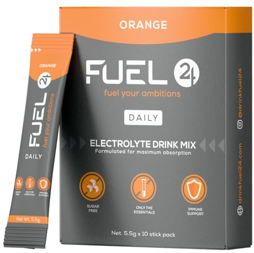Fuel24 Electrolytes - Daily Hydration Sachets, Zero Sugar, Electrolyte Powder (10 or 30 Pack) Essential Minerals - Sodium, Magnesium, Potassium, Vitamin C B12 & L Glutamine (10 Pack, Orange)
