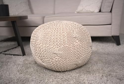 Knitted Cotton Round Pouf, Beige MW371
