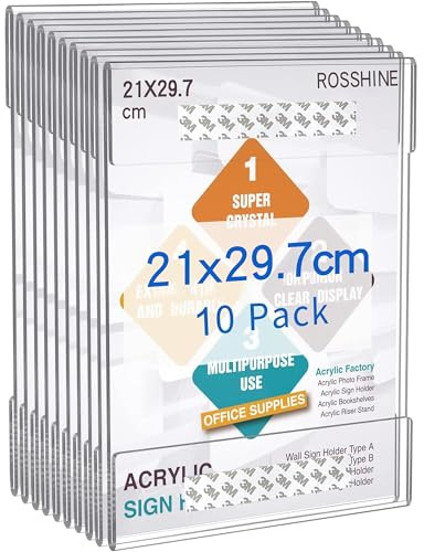 A4 Acrylic Frame Wall Sign Holder, 10pcs Wall Poster Display Holder | with Adhesive Tape Without Drilling, Memo Documents Menu Holders for Office, Home, Store, Restaurant