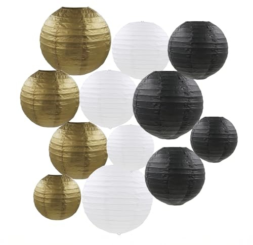 Farolillos De Papel AUEJACKY 12 Multicolores Redondas Linternas De Papel, 15/20/25 CM, para Decoración De Bodas, Cumpleaños, Fiestas Prenatales Y Jardines. (Platino Negro)