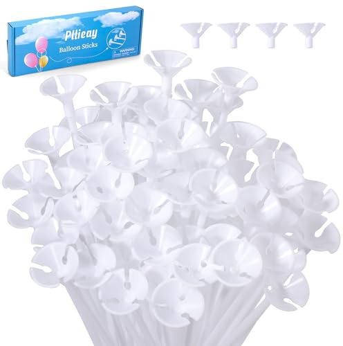 Pllieay 100 Pieces Balloon Sticks, White Balloon Sticks Holders with Cups for Birthday Party, Valentine's Day, Wedding, Anniversary Decoration