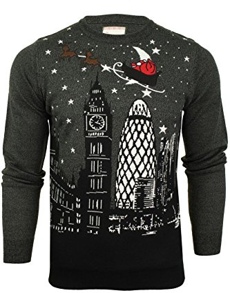 Xact Men's Christmas Jumper, London or New York Skyline, Crew Neck (London - Grey) XL