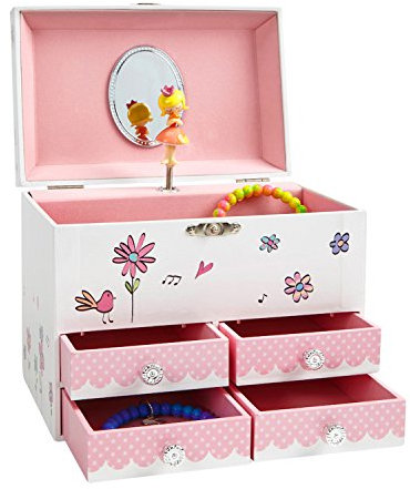 Jewelkeeper - Musikalisches Großes Schmuckkästchen für Mädchen mit 4 ausziehbaren Schubladen, Vögel und Blumen Design - Spieluhr mit Der Walzer der Blumen Lied, Ideales Geschenke für Mädchen