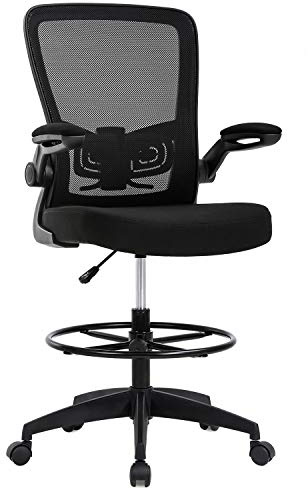 BestOffice Drafting Chair Tall Office Chair Adjustable Height with Lumbar Support Flip Up Arms Footrest Mid Back Task Mesh Desk Chair Computer Chair Drafting Stool for Standing Desk, Black