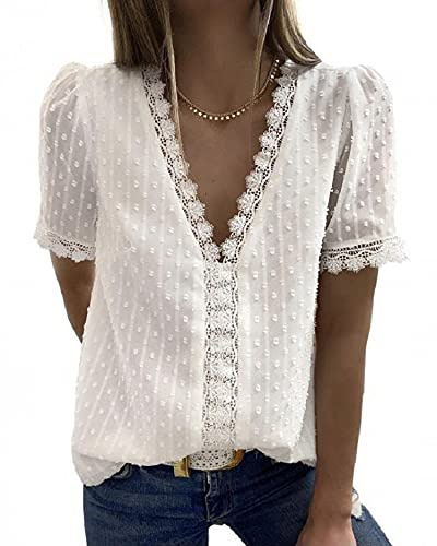 Blusas de Mujer Elegantes,Camiseta Casual de Manga Corta con Encaje de Moda para Mujer Camiseta Casual de Jacquard de Manga Corta Cuello en V (Blanco, S)